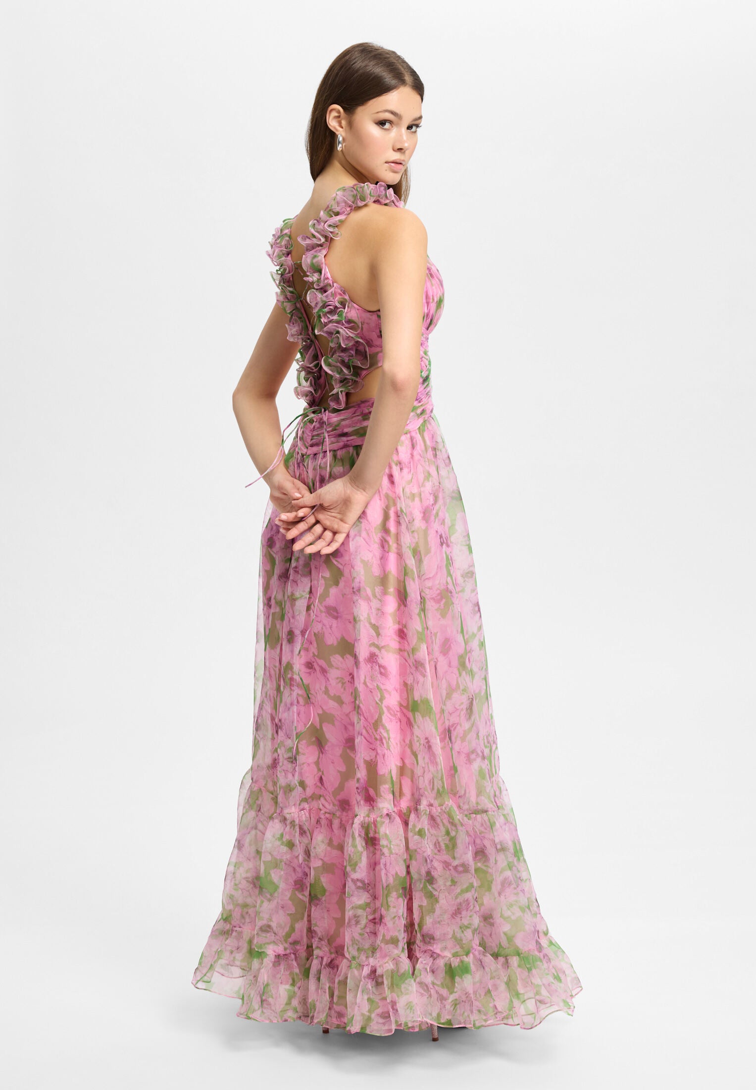 Abendkleid mit floralem Print und Rüschendetails