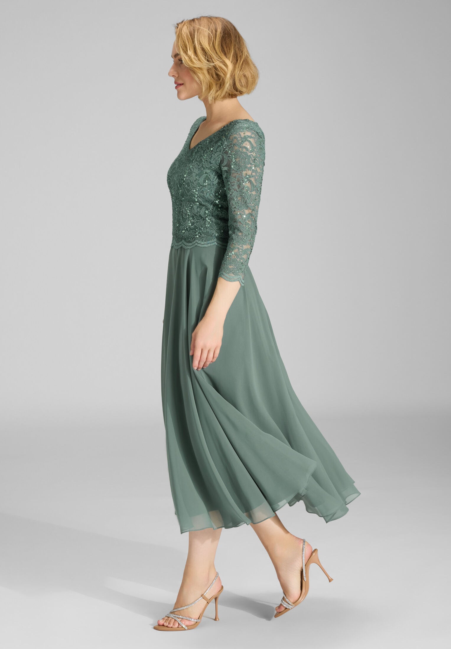 Midi Kleid mit paillettenbesetztem Spitzenoberteil