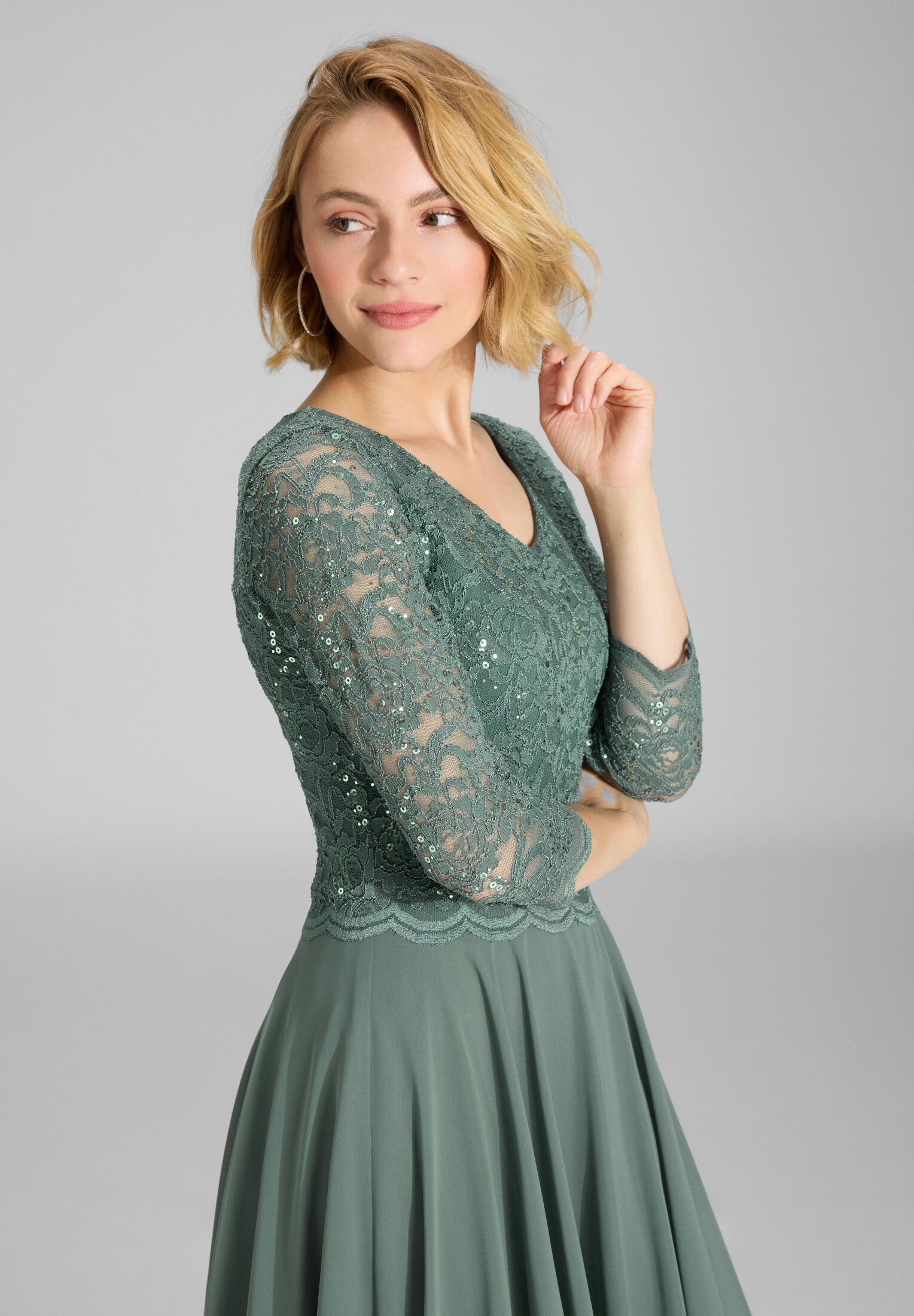 Midi Kleid mit paillettenbesetztem Spitzenoberteil