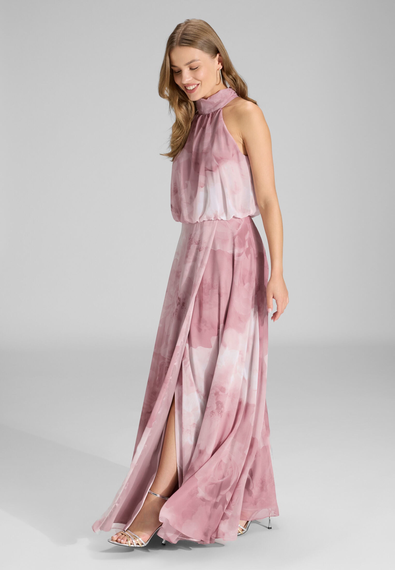 Abendkleid mit blusigem Top aus floral bedrucktem Chiffon