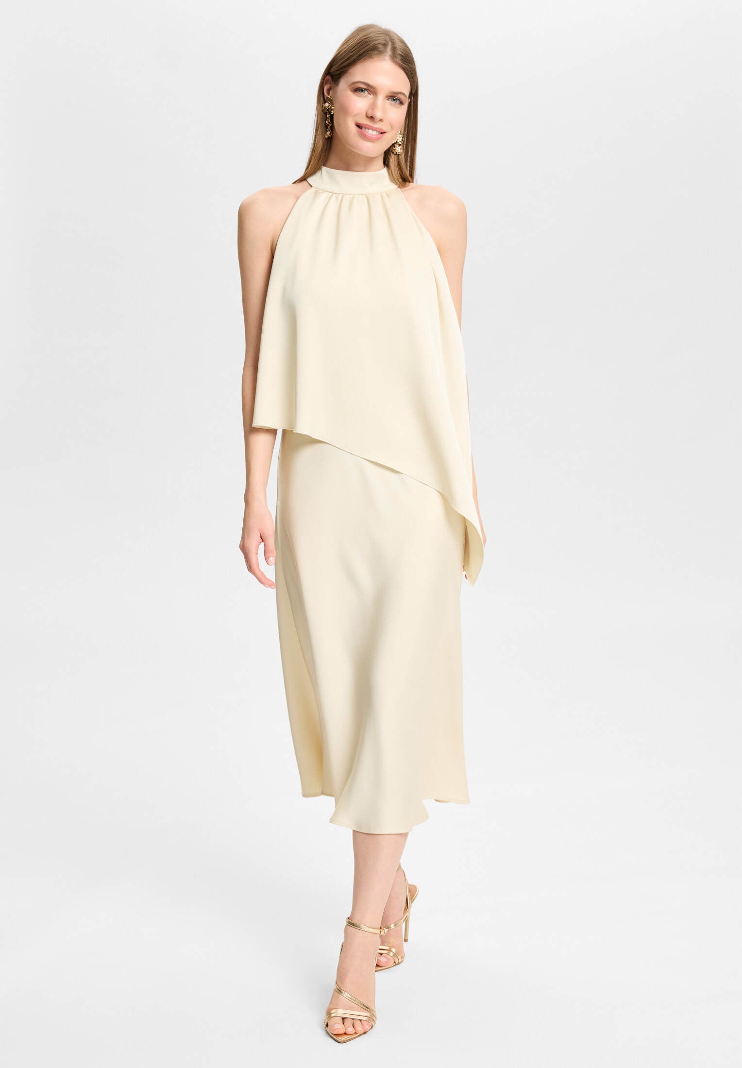 Cocktailkleid aus Satin mit amerikanischer Schulter champagne beige