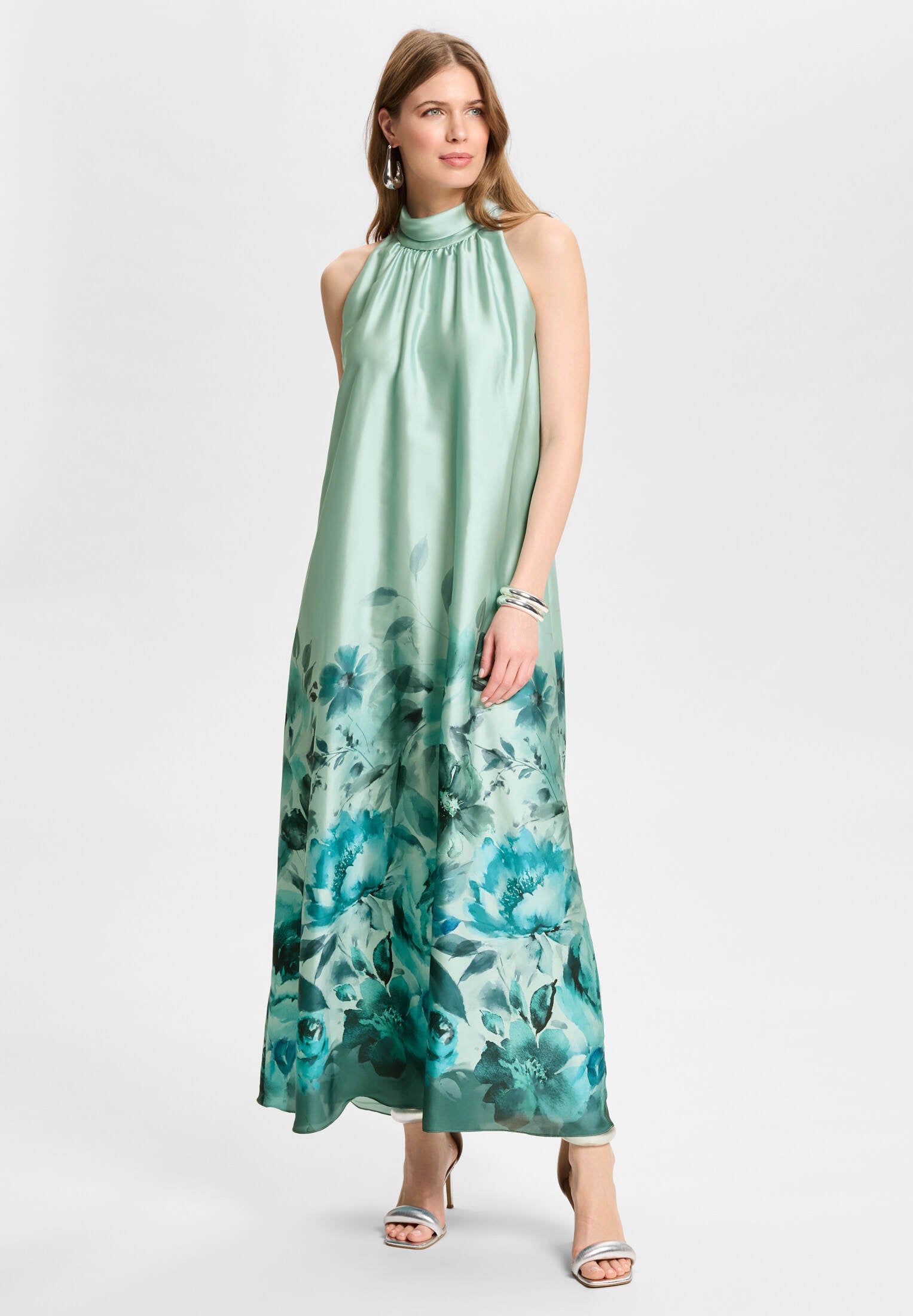 Abendkleid aus Satin mit Bordüren-Print mint green | teal green