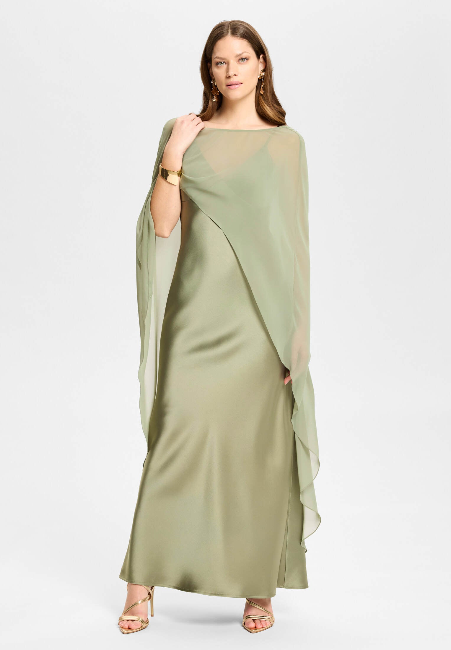 Abendkleid aus Satin mit abnehmbarem Chiffon Cape khaki green