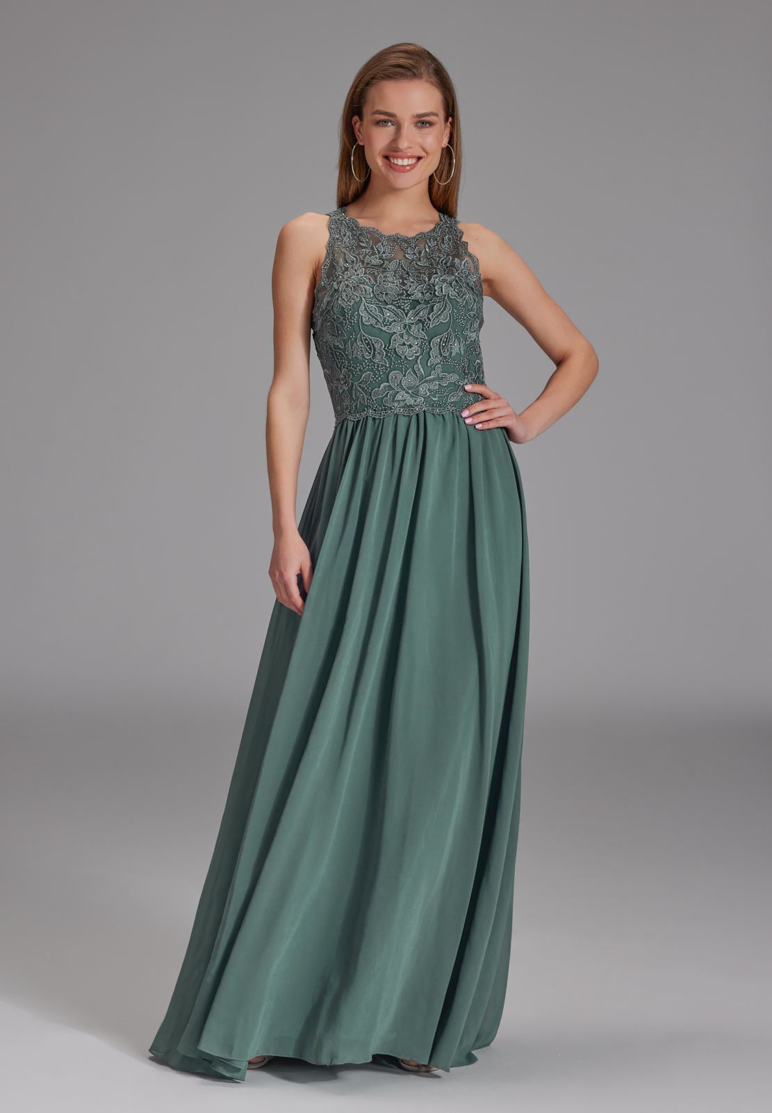 High-closed-Abendkleid mit floraler Spitze deep slate
