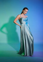 Satinkleid mit drapiertem Top und bestickten Trägern mint ice