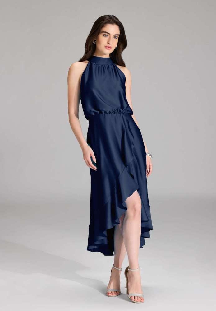 Cocktailkleid aus nachhaltigem Satin mit Volant am Saum navy