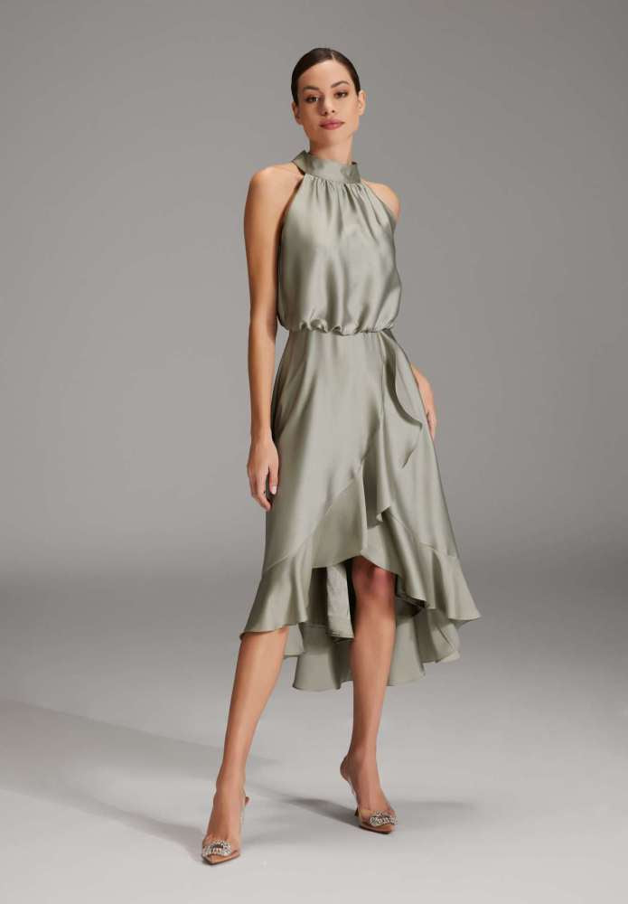 Cocktailkleid aus nachhaltigem Satin mit Volant am Saum eucalyptus green