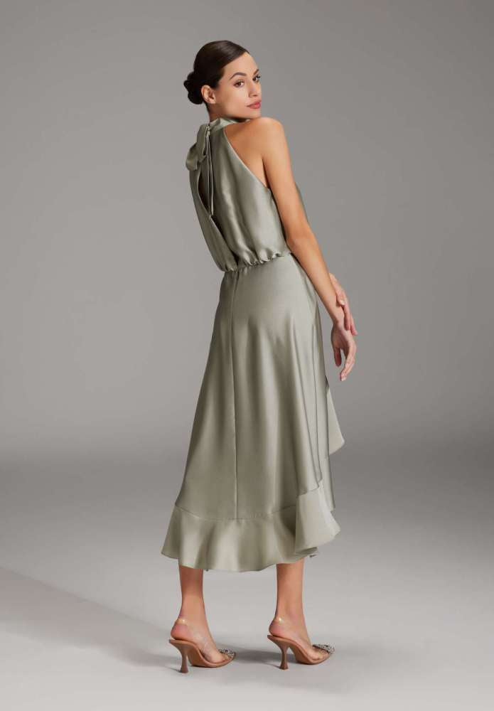 Cocktailkleid aus nachhaltigem Satin mit Volant am Saum