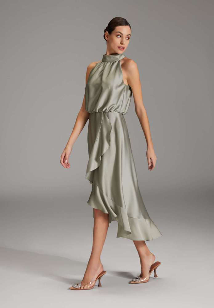 Cocktailkleid aus nachhaltigem Satin mit Volant am Saum