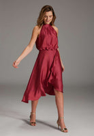 Cocktailkleid aus nachhaltigem Satin mit Volant am Saum brick red
