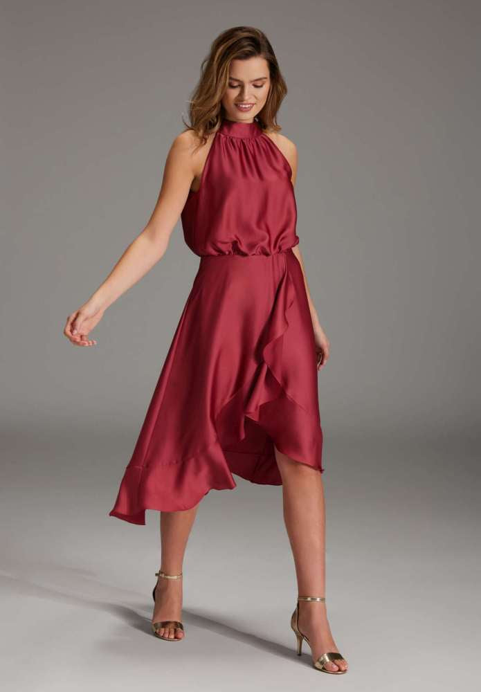 Cocktailkleid aus nachhaltigem Satin mit Volant am Saum brick red