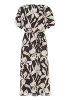 Midi Kleid aus floral bedrucktem Satin mit Wasserfall Ausschnitt