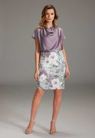 Blusiges Etuikleid aus Material Mix mit Wasserfall Ausschnitt mauve purple multi