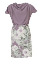 Blusiges Etuikleid aus Material Mix mit Wasserfall Ausschnitt