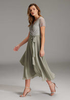 Midi Kleid Halbarm aus Chiffon-Spitze-Mix mit Bogenkanten