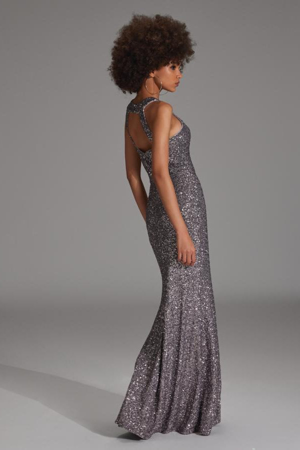 Abendkleid aus elastischer Paillette mit Racer- Back Ausschnitt und Beinschlitz