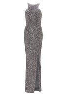 Abendkleid aus elastischer Paillette mit Racer- Back Ausschnitt und Beinschlitz