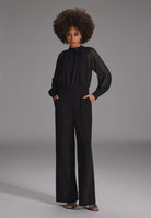 Langärmeliger Jumpsuit mit Schluppe aus Crepe Jersey und Chiffon Mix black