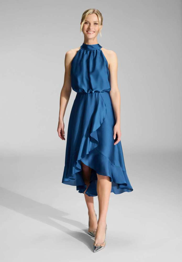 Cocktailkleid aus nachhaltigem Satin mit Volant am Saum azure blue