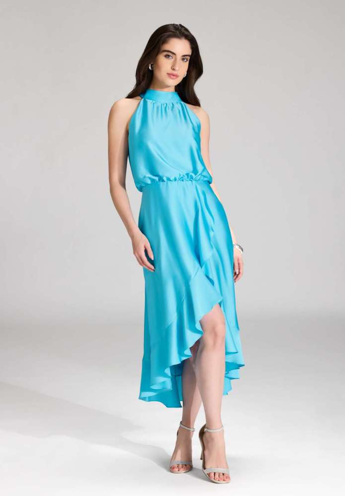 Cocktailkleid aus nachhaltigem Satin mit Volant am Saum cruise blue