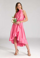 Cocktailkleid aus nachhaltigem Satin mit Volant am Saum hibiskus pink
