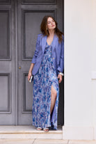 Abendkleid aus bedrucktem Jersey Plissee mit Metallic Faden navy future blue