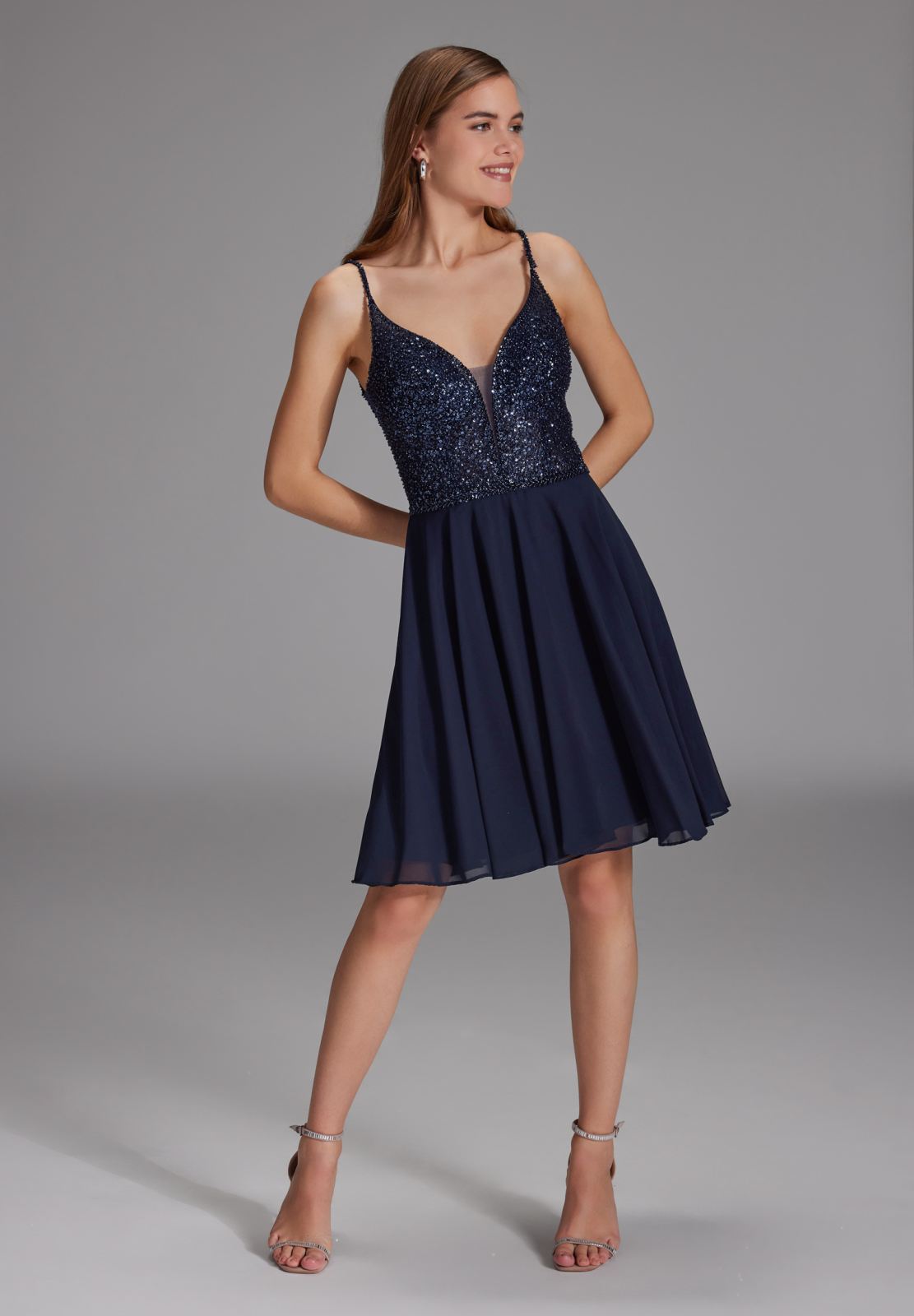 Cocktailkleid aus Material-Mix navy
