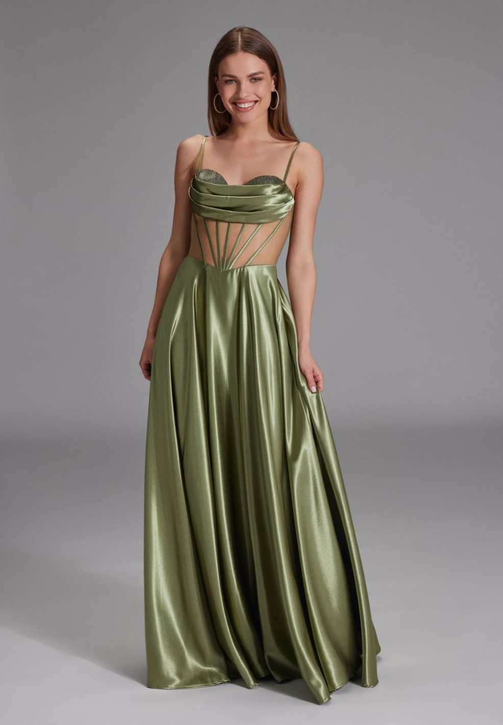 See-through-Corsagenkleid mit Ziersteinen matcha green