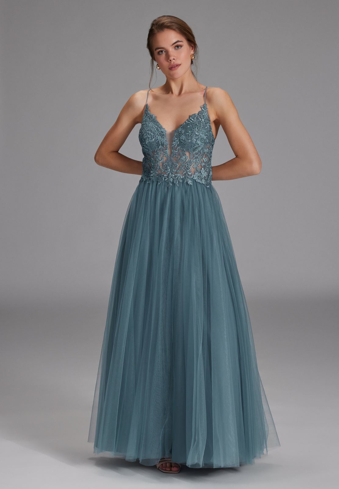 Tüll-Abendkleid mit Spitzenstickerei sea blue