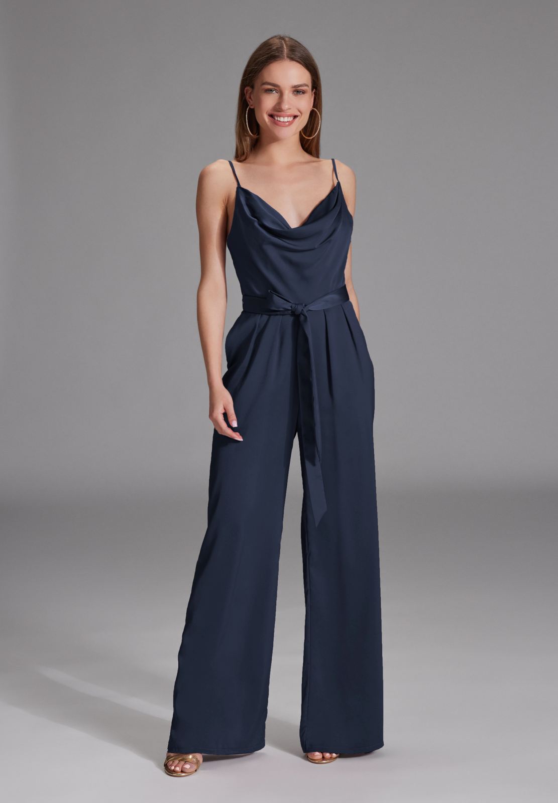 Satin Jumpsuit mit Bindegürtel navy