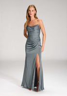 Satinkleid mit Corsagentop und Beinschlitz smoke blue