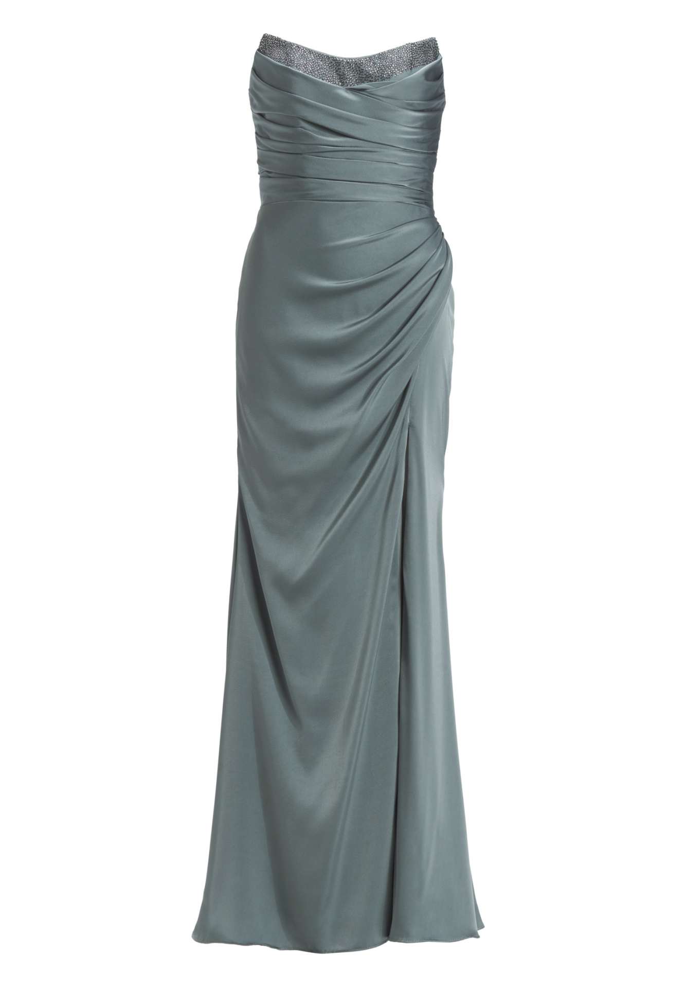 Satinkleid mit Corsagentop und Beinschlitz