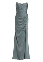 Satinkleid mit Corsagentop und Beinschlitz