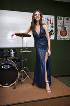 Neckholder Paillettenkleid mit Beinschlitz navy