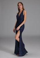 Neckholder Paillettenkleid mit Beinschlitz