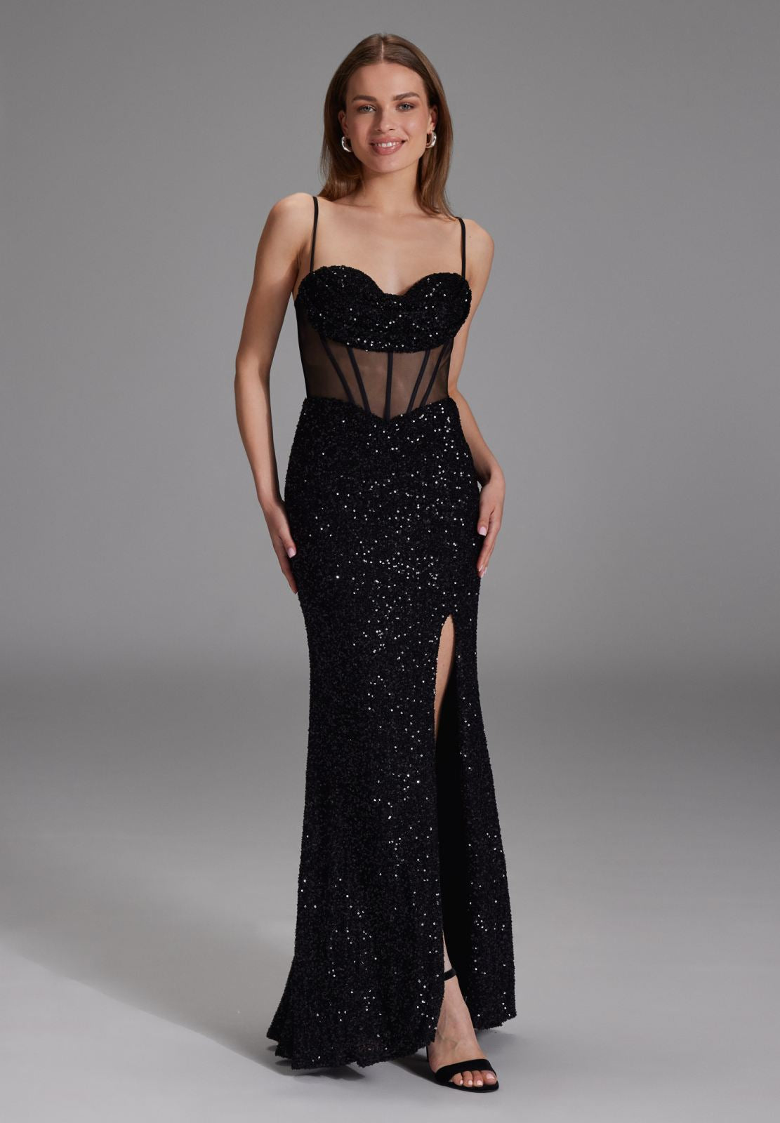 Paillettenkleid mit Taillenpart in See-through Optik black