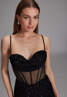 Paillettenkleid mit Taillenpart in See-through Optik