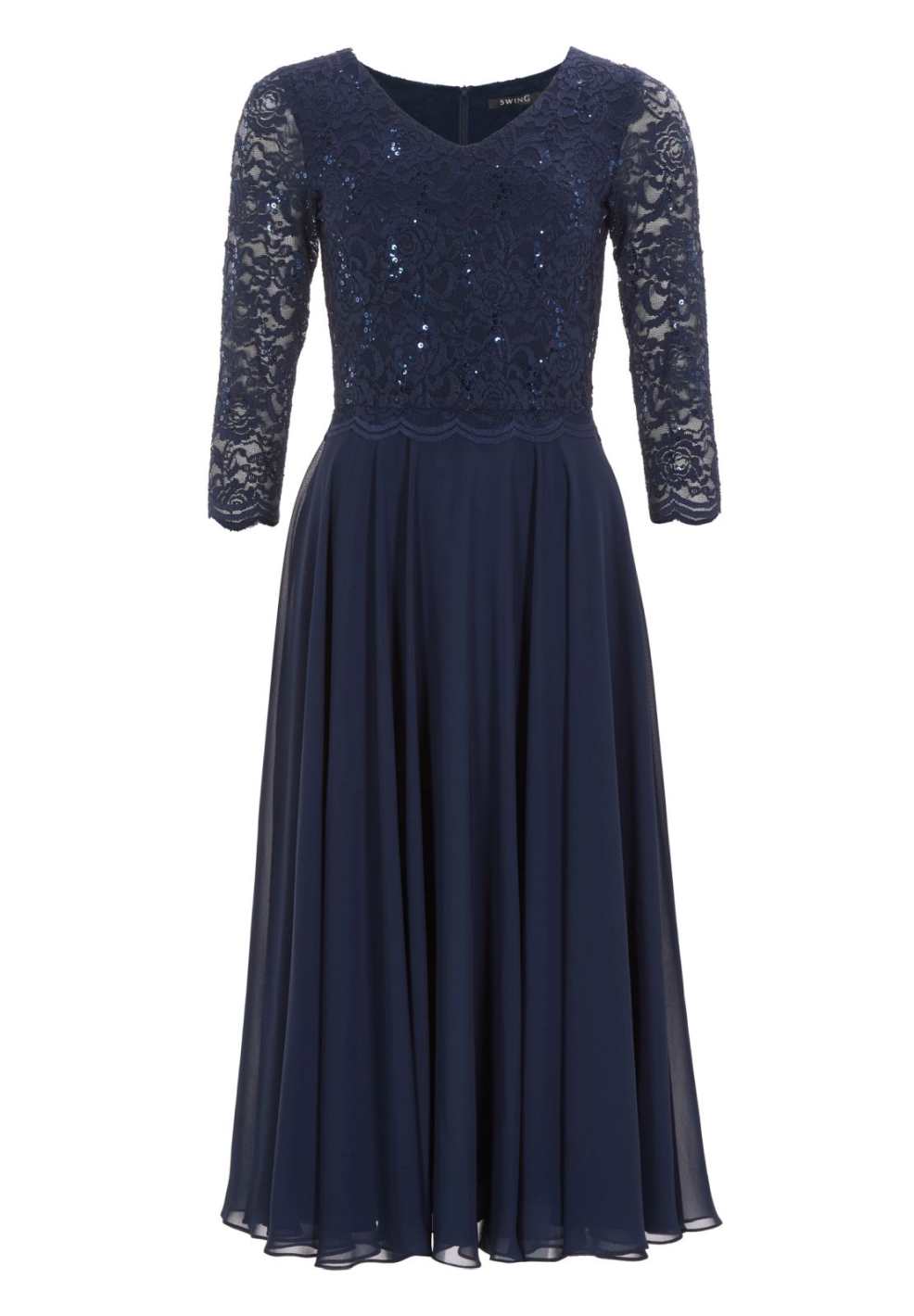 Midi Kleid mit paillettenbesetztem Spitzenoberteil