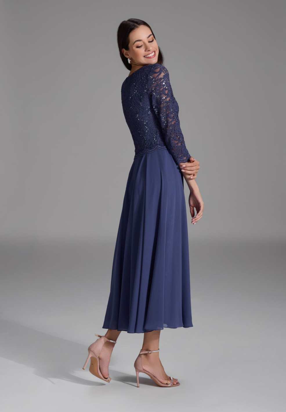 Midi Kleid mit paillettenbesetztem Spitzenoberteil