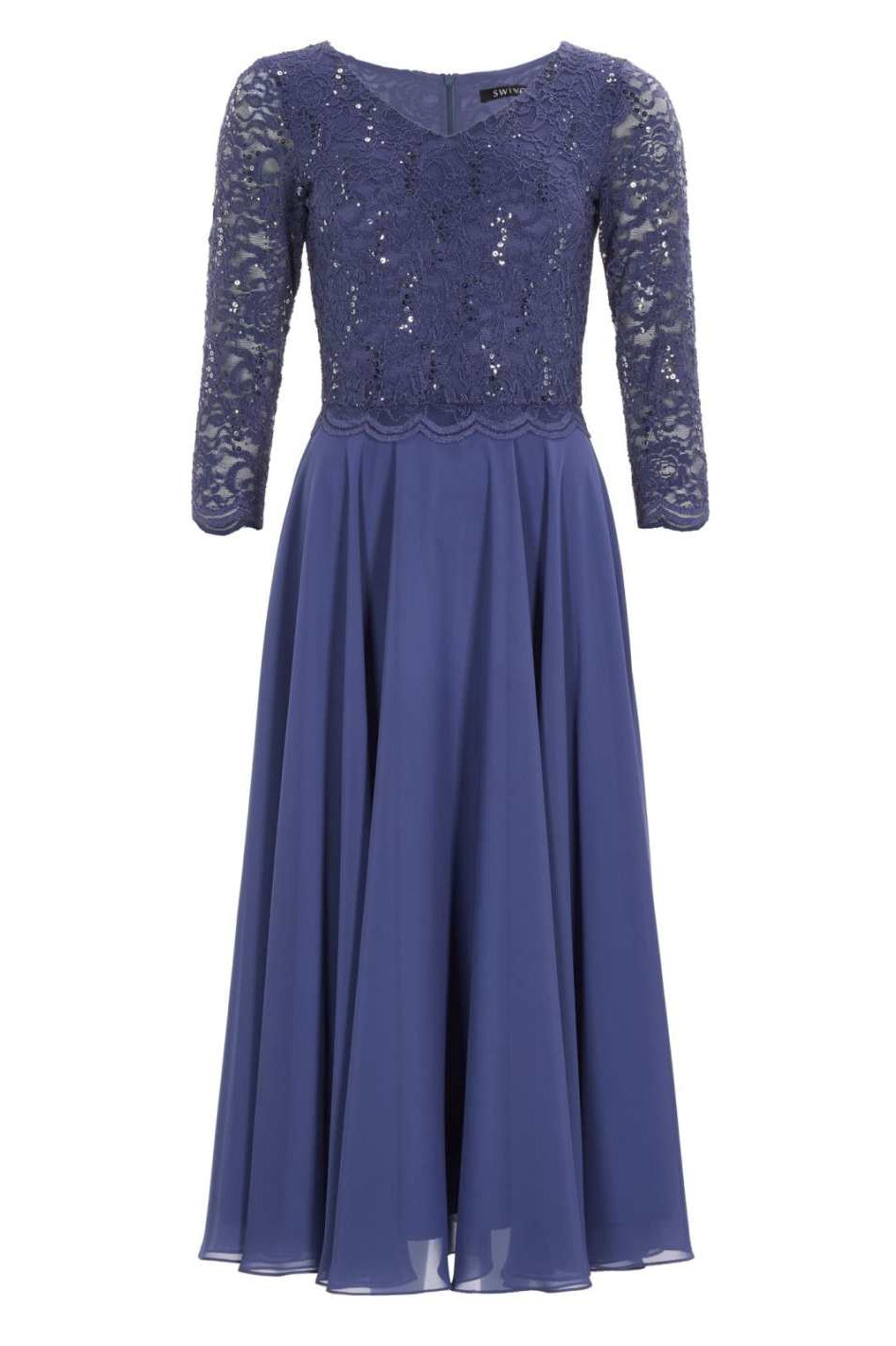 Midi Kleid mit paillettenbesetztem Spitzenoberteil