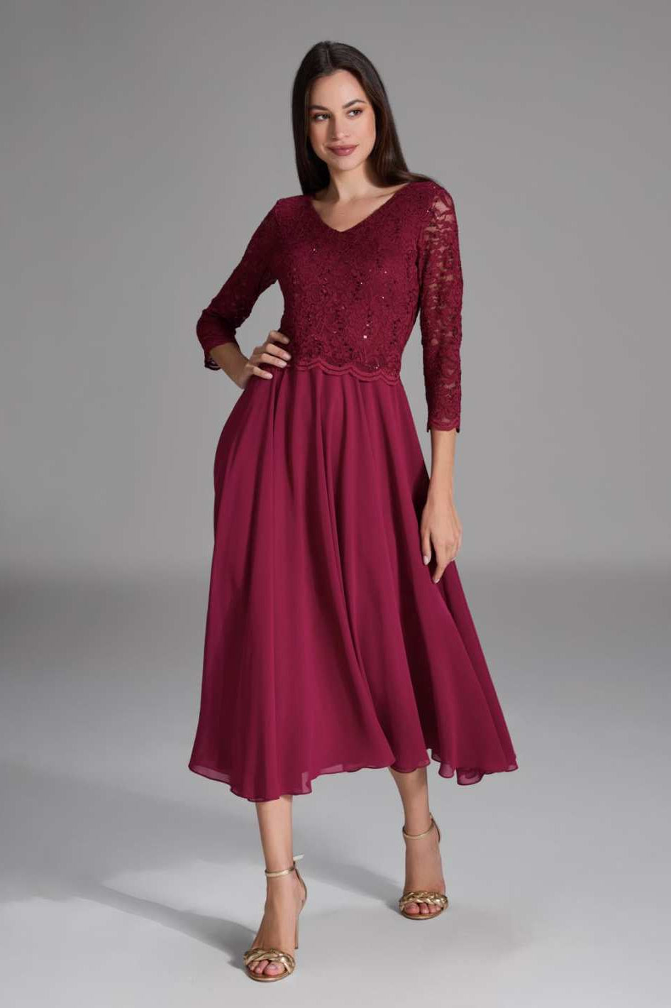 Midi Kleid mit paillettenbesetztem Spitzenoberteil ruby red