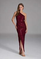 One Shoulder Abendkleid aus elastischer Paillette ruby red