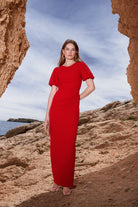 Abendkleid mit Puffärmeln aus Crepe Jersey chili red