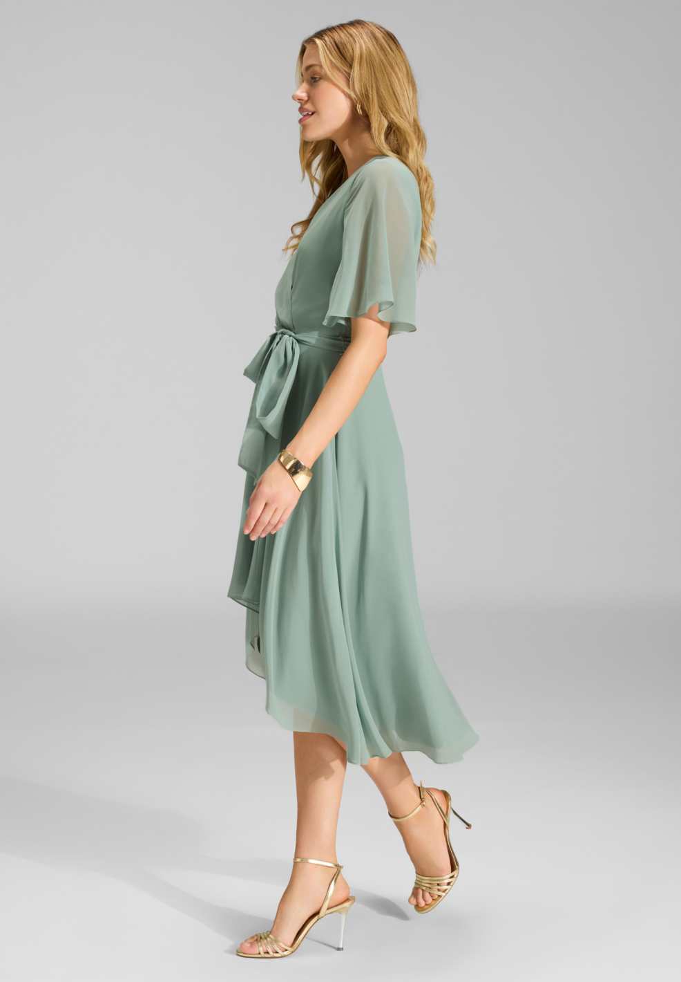 Chiffon Kleid in Wickel Optik mit Vokuhila Saum