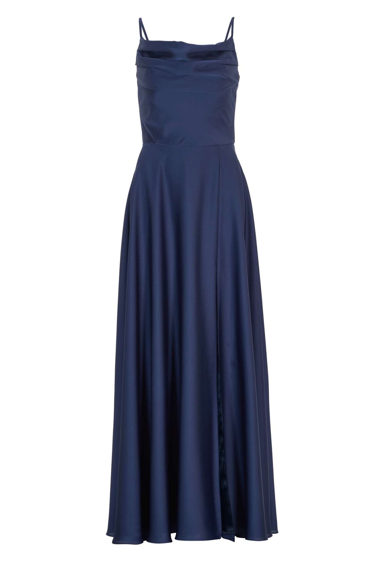 Abendkleid aus nachhaltigem Satin mit Wasserfall-Ausschnitt und Beinschlitz