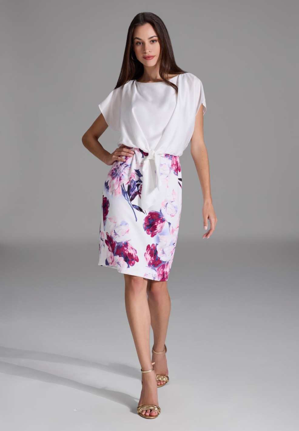 Etuikleid aus floral bedrucktem Scuba und Satin