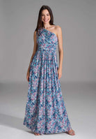 One Shoulder Abendkleid aus floral bedrucktem Mesh future blue multi