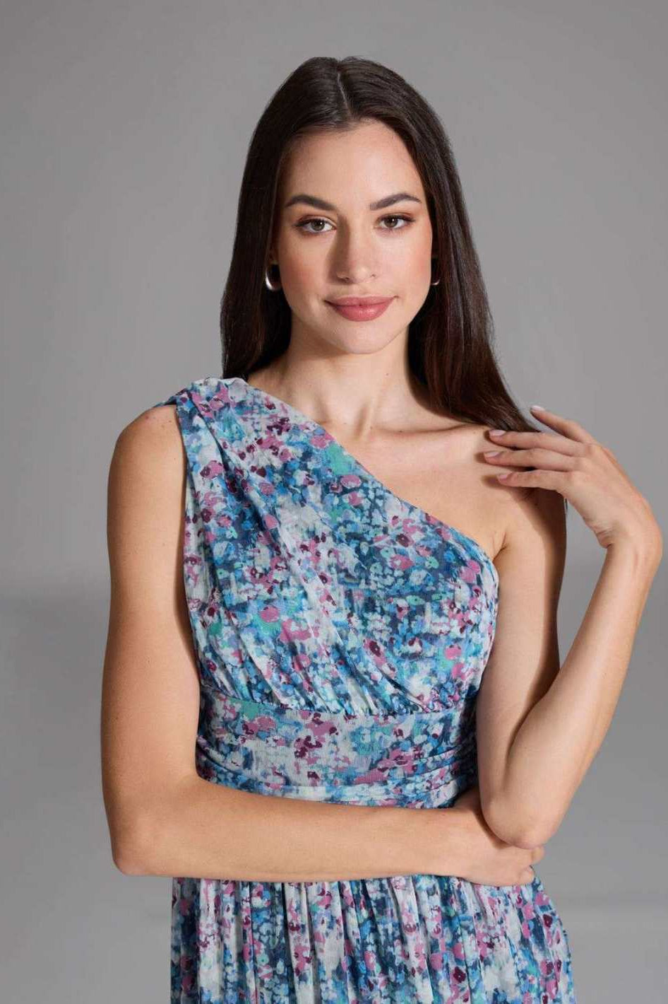 One Shoulder Abendkleid aus floral bedrucktem Mesh