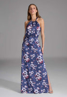 Abendkleid mit amerikanischem Ausschnitt aus bedrucktem Satin future blue multi