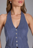 Neckholder Jumpsuit in Two-Piece-Optik aus glänzendem Denim